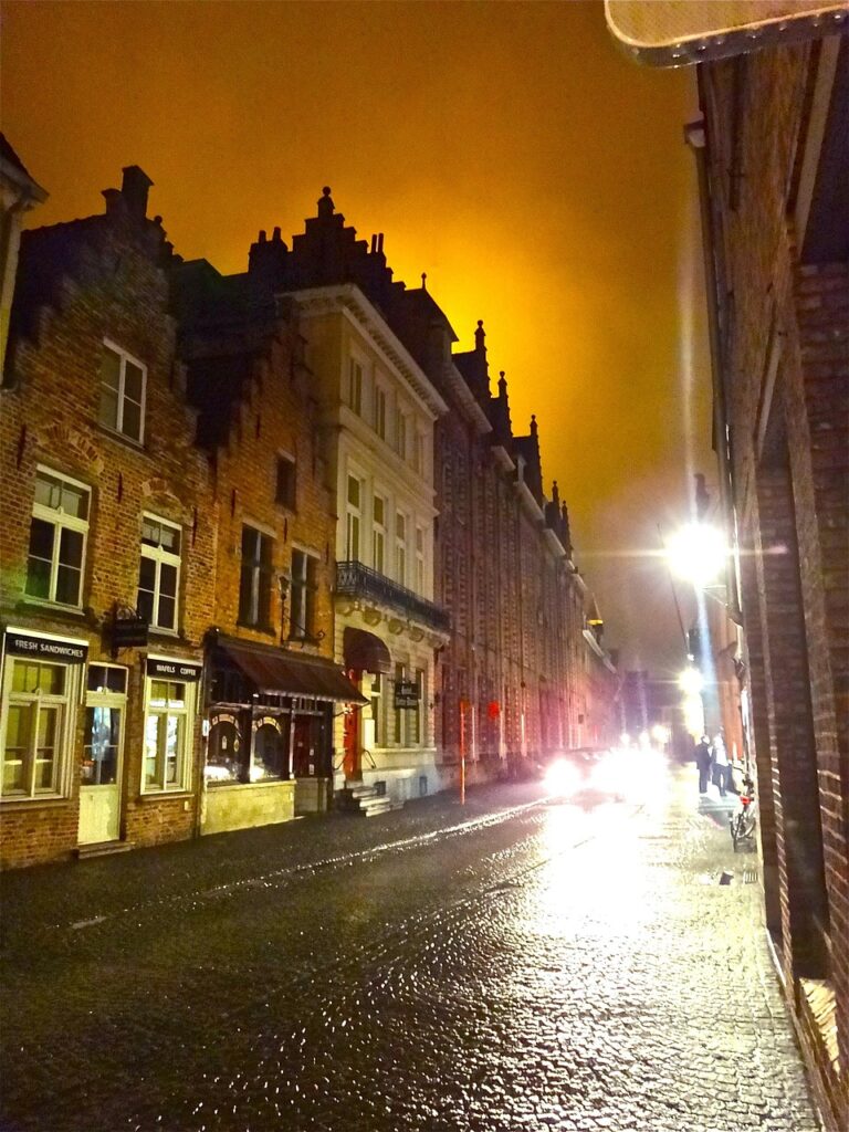 bruges, night, light, houses, at night, night image, yellow, orange, lighting, long shutter, building
