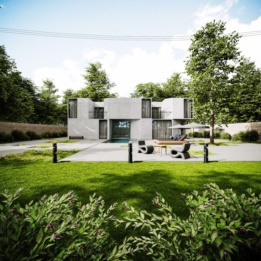 Contemporary architectural house surrounded by vibrant greenery and landscaped garden.
