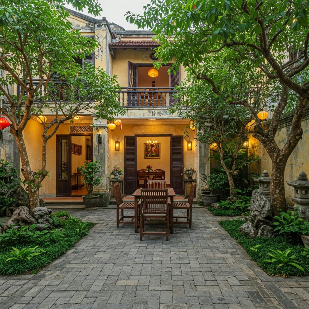 Charming traditional courtyard with wooden furniture, lanterns, and lush greenery for a serene ambiance.