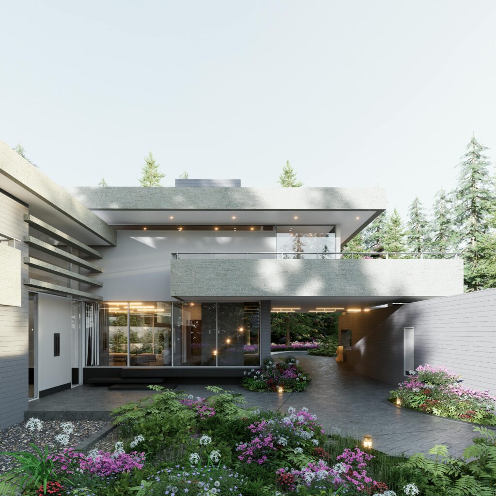 A contemporary villa surrounded by flowers and a dense forest, showcasing elegant architecture.